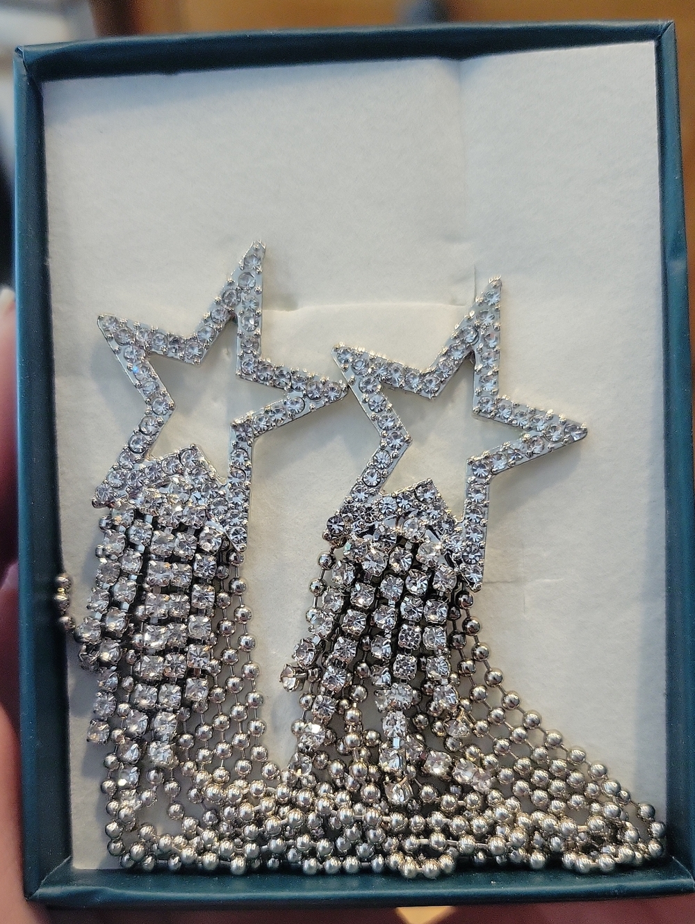 Brand New In Box Silver Star Tassel Drop Earrings with Rhinestone Fringe
